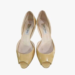 Jimmy Choo Peakaboo Gold Patent Leather Pumps Kitten Heels Womens Size 38 Work